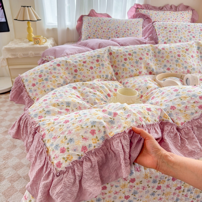 91家纺网 家纺一手货源 找家纺 仟网汇 2026新款法式花边泡芙纱双层纱床单床盖夏被夏凉被空调被四件套密拷花边款 春日花花