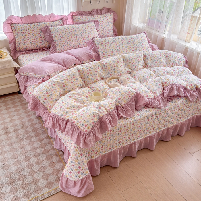 91家纺网 家纺一手货源 找家纺 仟网汇 2026新款法式花边泡芙纱双层纱床单床盖夏被夏凉被空调被四件套密拷花边款 春日花花