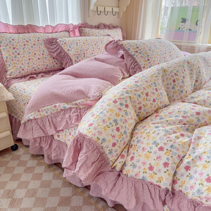 91家纺网 家纺一手货源 找家纺 仟网汇 2026新款法式花边泡芙纱双层纱床单床盖夏被夏凉被空调被四件套密拷花边款 春日花花