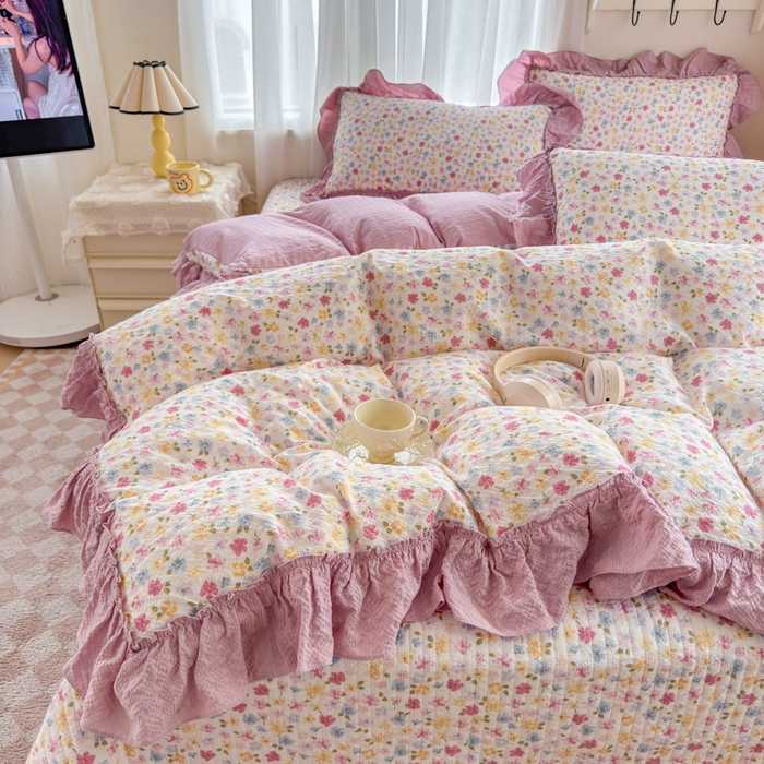 91家纺网 家纺一手货源 找家纺 仟网汇 2026新款法式花边泡芙纱双层纱床单床盖夏被夏凉被空调被四件套密拷花边款 春日花花