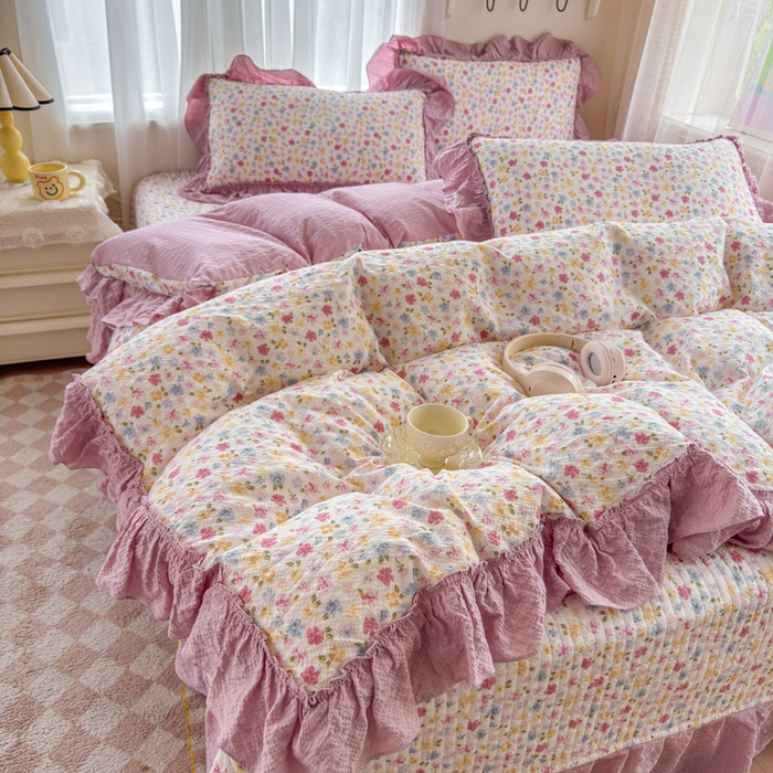 91家纺网 家纺一手货源 找家纺 仟网汇 2026新款法式花边泡芙纱双层纱床单床盖夏被夏凉被空调被四件套密拷花边款 春日花花