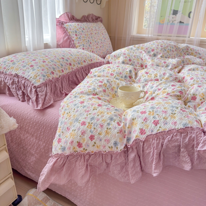 91家纺网 家纺一手货源 找家纺 仟网汇 2026新款法式花边泡芙纱双层纱床单床盖夏被夏凉被空调被四件套密拷花边款 春日花花