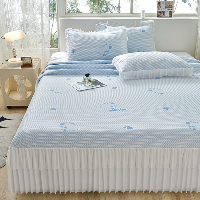 91家纺网 家纺一手货源 找家纺 梦之星 2026春夏新款400克A类提花冰豆豆凉感床裙款凉席三件套席子空调软席  卡比巴拉-蓝