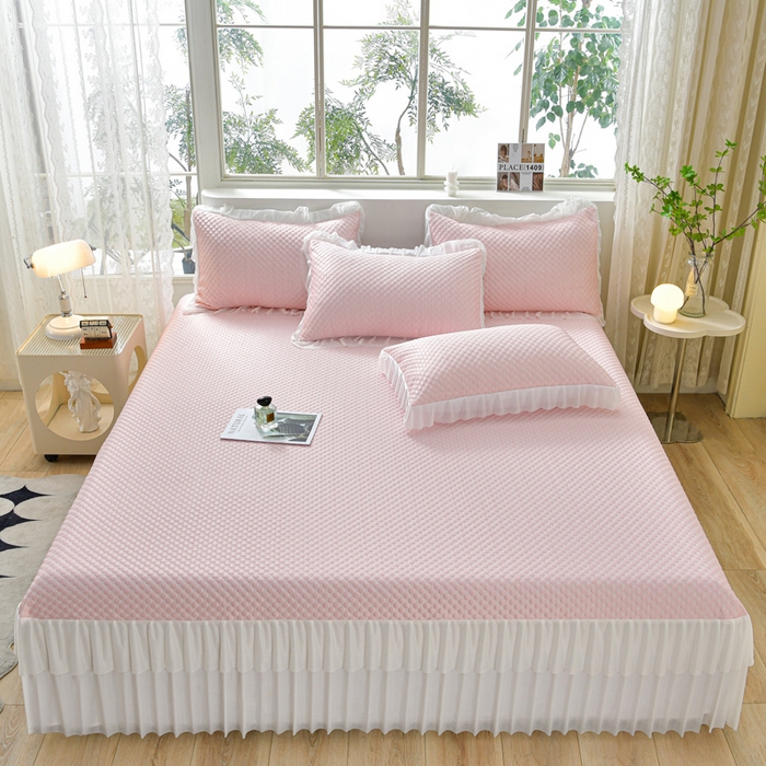 91家纺网 家纺一手货源 找家纺 梦之星 2026春夏新款400克A类提花冰豆豆凉感床裙款凉席三件套席子空调软席  粉色