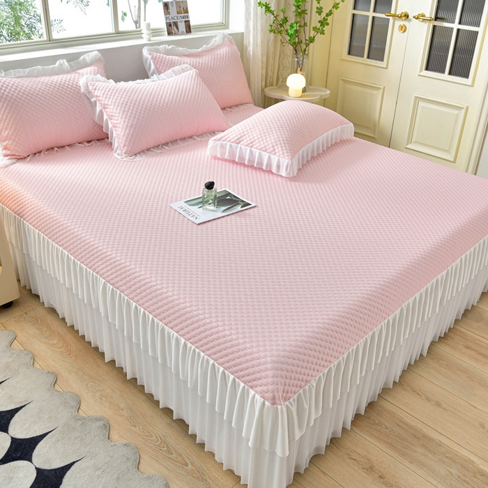 91家纺网 家纺一手货源 找家纺 梦之星 2026春夏新款400克A类提花冰豆豆凉感床裙款凉席三件套席子空调软席  粉色