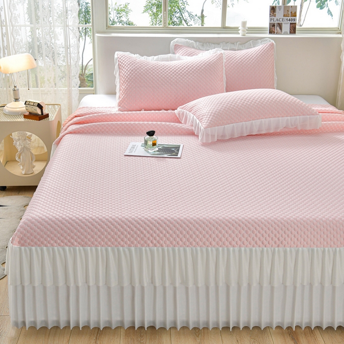 91家纺网 家纺一手货源 找家纺 梦之星 2026春夏新款400克A类提花冰豆豆凉感床裙款凉席三件套席子空调软席  粉色