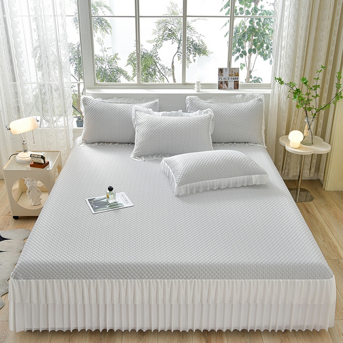 91家纺网 家纺一手货源 找家纺 梦之星 2026春夏新款400克A类提花冰豆豆凉感床裙款凉席三件套席子空调软席  灰色