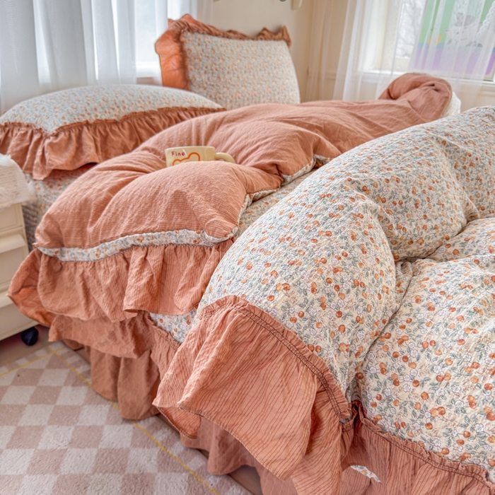 仟网汇 2026新款法式花边泡芙纱双层纱床单床盖夏被夏凉被空调被四件套密拷花边款 好柿发生