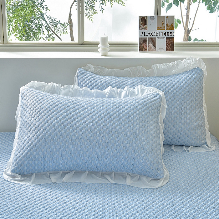 91家纺网 家纺一手货源 找家纺 梦之星 2026春夏新款400克A类提花冰豆豆凉感床裙款凉席三件套席子空调软席  蓝色