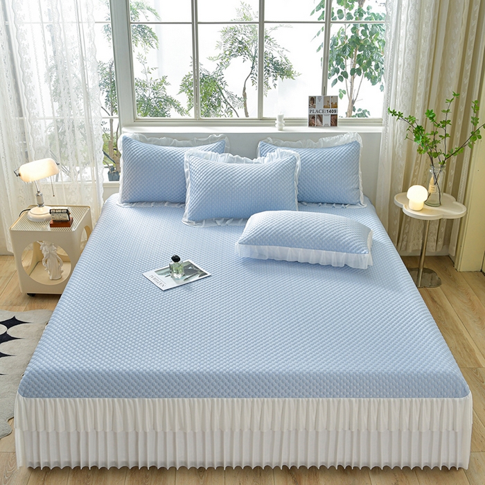 91家纺网 家纺一手货源 找家纺 梦之星 2026春夏新款400克A类提花冰豆豆凉感床裙款凉席三件套席子空调软席  蓝色