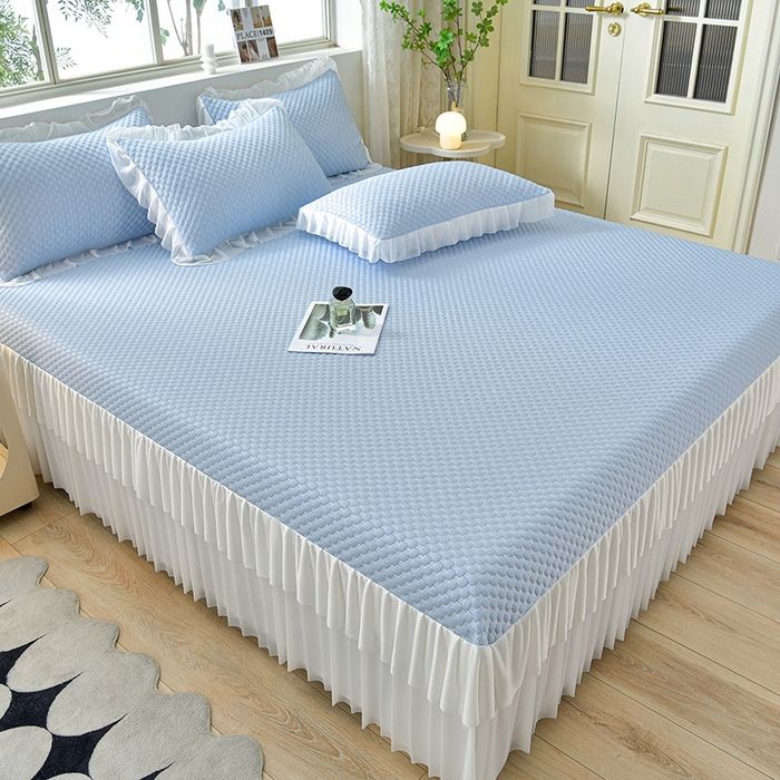 91家纺网 家纺一手货源 找家纺 梦之星 2026春夏新款400克A类提花冰豆豆凉感床裙款凉席三件套席子空调软席  蓝色