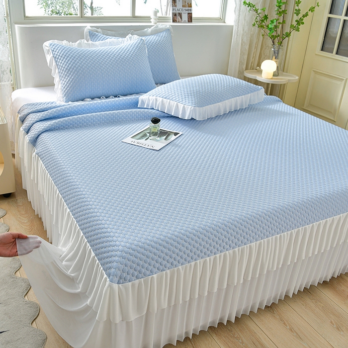 梦之星 2026春夏新款400克A类提花冰豆豆凉感床裙款凉席三件套席子空调软席  蓝色