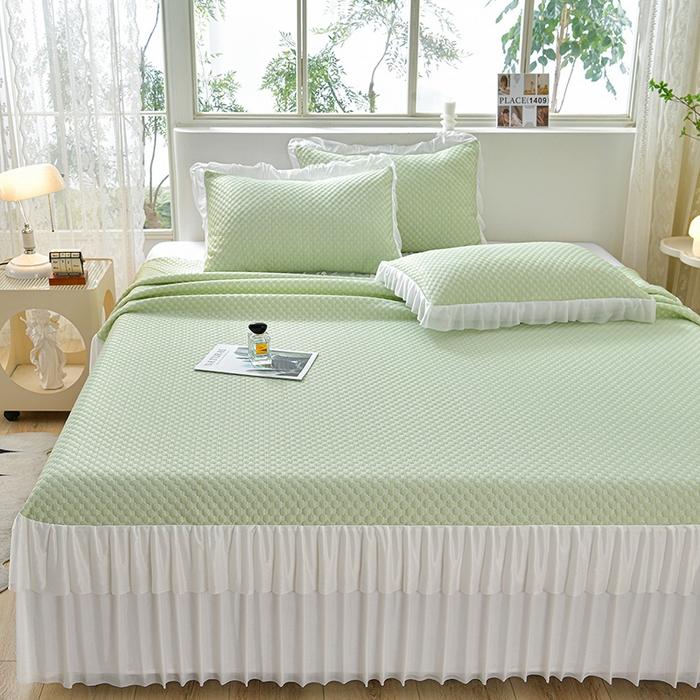 91家纺网 家纺一手货源 找家纺 梦之星 2026春夏新款400克A类提花冰豆豆凉感床裙款凉席三件套席子空调软席  绿色