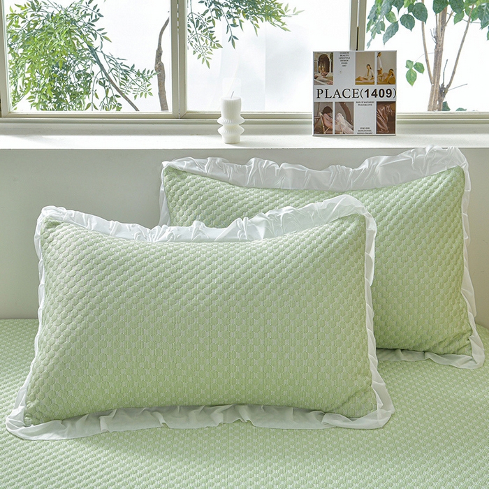 91家纺网 家纺一手货源 找家纺 梦之星 2026春夏新款400克A类提花冰豆豆凉感床裙款凉席三件套席子空调软席  绿色