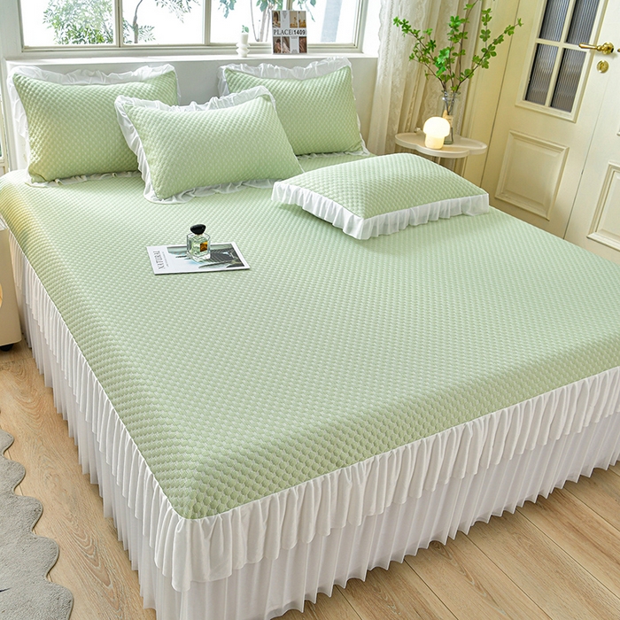 91家纺网 家纺一手货源 找家纺 梦之星 2026春夏新款400克A类提花冰豆豆凉感床裙款凉席三件套席子空调软席  绿色