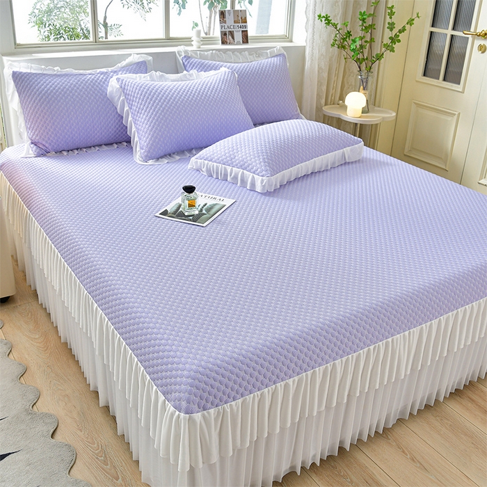 91家纺网 家纺一手货源 找家纺 梦之星 2026春夏新款400克A类提花冰豆豆凉感床裙款凉席三件套席子空调软席  紫色