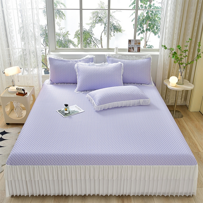 91家纺网 家纺一手货源 找家纺 梦之星 2026春夏新款400克A类提花冰豆豆凉感床裙款凉席三件套席子空调软席  紫色