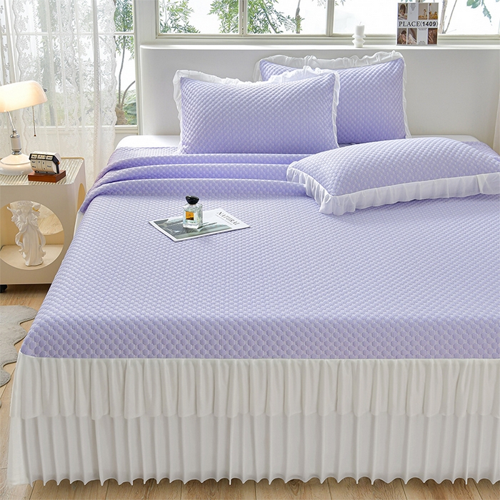 91家纺网 家纺一手货源 找家纺 梦之星 2026春夏新款400克A类提花冰豆豆凉感床裙款凉席三件套席子空调软席  紫色