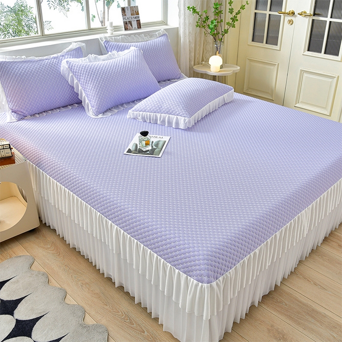 91家纺网 家纺一手货源 找家纺 梦之星 2026春夏新款400克A类提花冰豆豆凉感床裙款凉席三件套席子空调软席  紫色