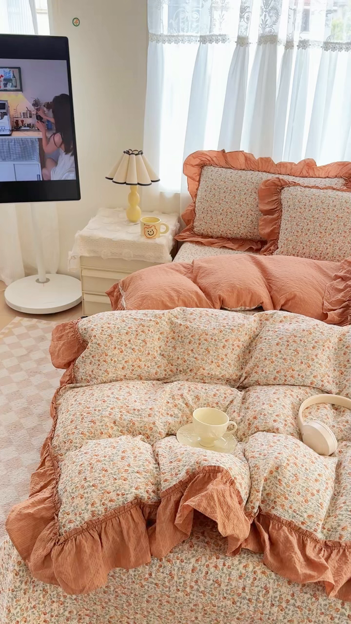 91家纺网 家纺一手货源 找家纺 仟网汇 2026新款法式花边泡芙纱双层纱床单床盖夏被夏凉被空调被四件套密拷花边款 好柿发生