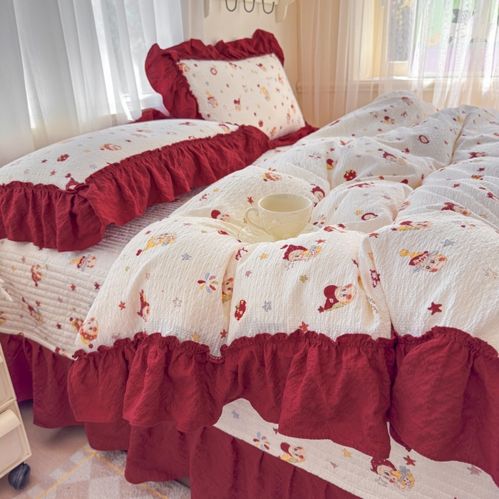 91家纺网 家纺一手货源 找家纺 仟网汇 2026新款法式花边泡芙纱双层纱床单床盖夏被夏凉被空调被四件套密拷花边款 红红星人