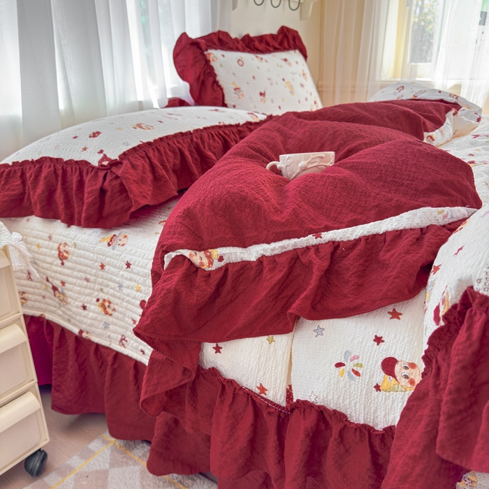 91家纺网 家纺一手货源 找家纺 仟网汇 2026新款法式花边泡芙纱双层纱床单床盖夏被夏凉被空调被四件套密拷花边款 红红星人