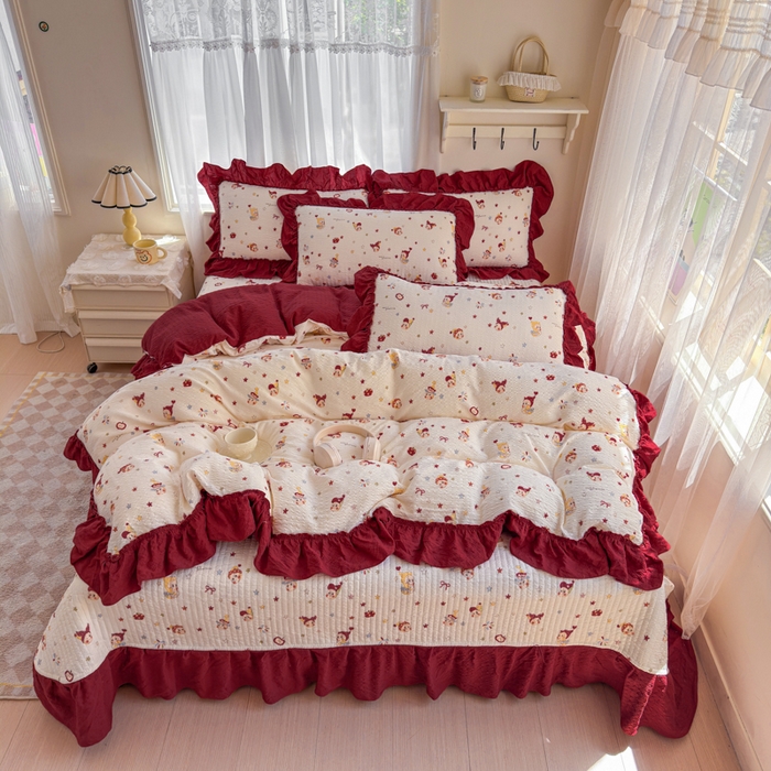 91家纺网 家纺一手货源 找家纺 仟网汇 2026新款法式花边泡芙纱双层纱床单床盖夏被夏凉被空调被四件套密拷花边款 红红星人