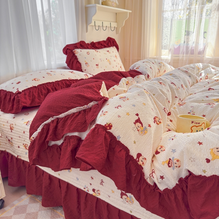 91家纺网 家纺一手货源 找家纺 仟网汇 2026新款法式花边泡芙纱双层纱床单床盖夏被夏凉被空调被四件套密拷花边款 红红星人