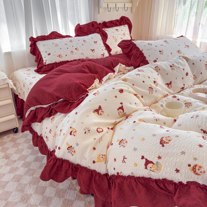 91家纺网 家纺一手货源 找家纺 仟网汇 2026新款法式花边泡芙纱双层纱床单床盖夏被夏凉被空调被四件套密拷花边款 红红星人