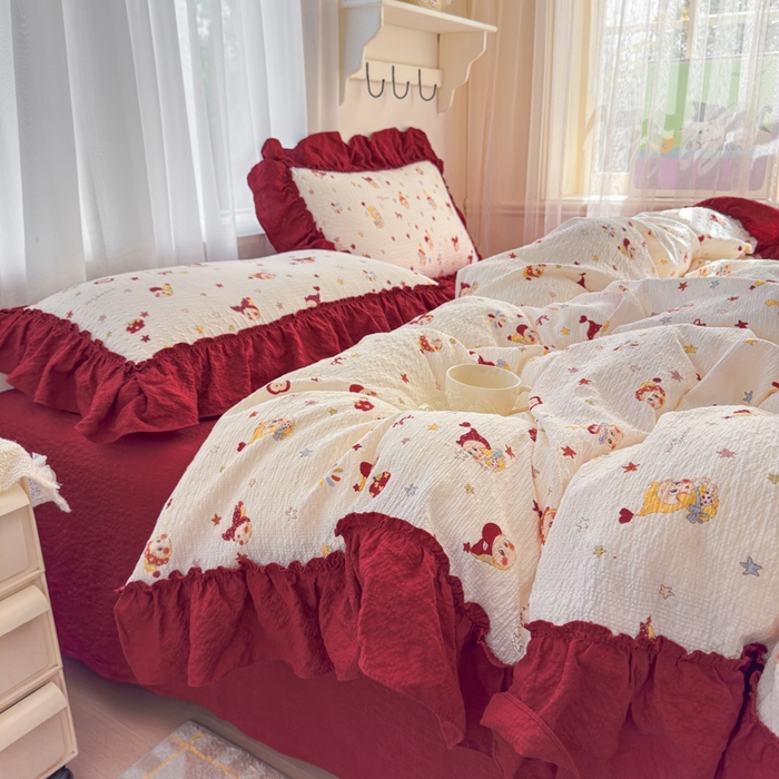 91家纺网 家纺一手货源 找家纺 仟网汇 2026新款法式花边泡芙纱双层纱床单床盖夏被夏凉被空调被四件套密拷花边款 红红星人