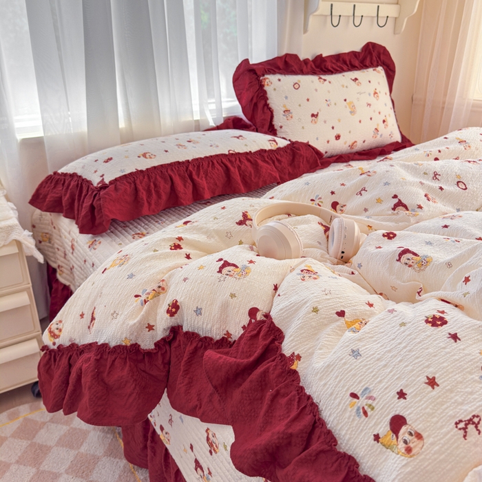 91家纺网 家纺一手货源 找家纺 仟网汇 2026新款法式花边泡芙纱双层纱床单床盖夏被夏凉被空调被四件套密拷花边款 红红星人