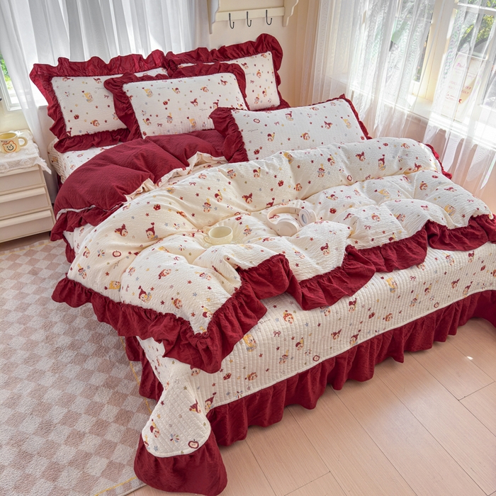 91家纺网 家纺一手货源 找家纺 仟网汇 2026新款法式花边泡芙纱双层纱床单床盖夏被夏凉被空调被四件套密拷花边款 红红星人