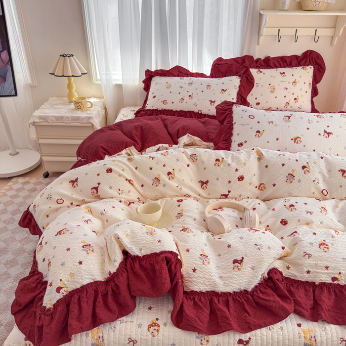 91家纺网 家纺一手货源 找家纺 仟网汇 2026新款法式花边泡芙纱双层纱床单床盖夏被夏凉被空调被四件套密拷花边款 红红星人