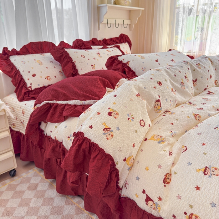 91家纺网 家纺一手货源 找家纺 仟网汇 2026新款法式花边泡芙纱双层纱床单床盖夏被夏凉被空调被四件套密拷花边款 红红星人