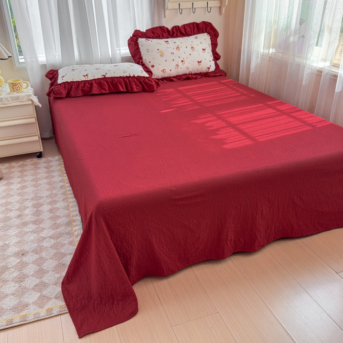 91家纺网 家纺一手货源 找家纺 仟网汇 2026新款法式花边泡芙纱双层纱床单床盖夏被夏凉被空调被四件套密拷花边款 红红星人