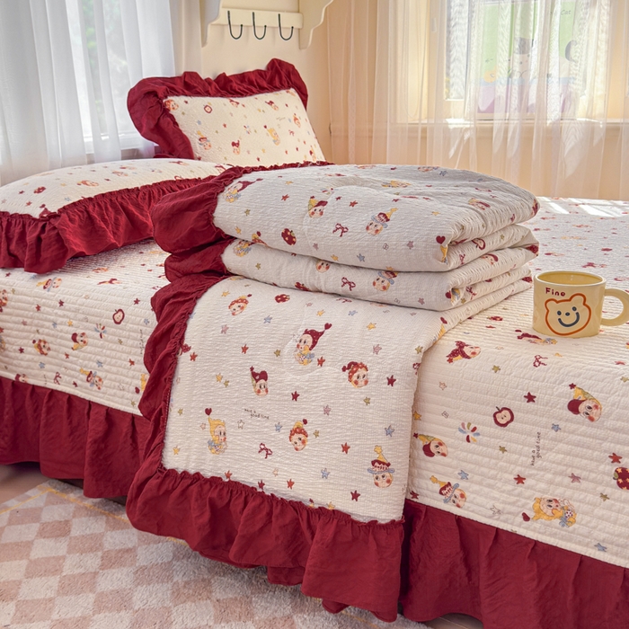 91家纺网 家纺一手货源 找家纺 仟网汇 2026新款法式花边泡芙纱双层纱床单床盖夏被夏凉被空调被四件套密拷花边款 红红星人