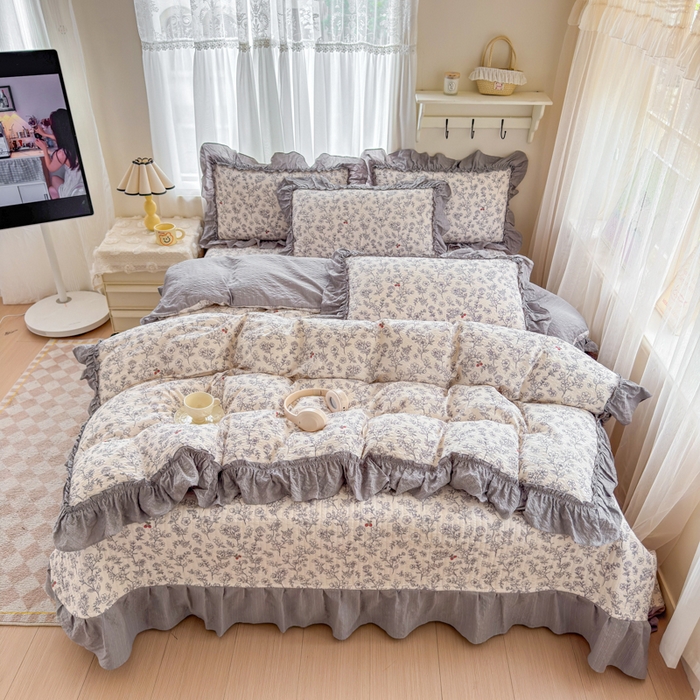 91家纺网 家纺一手货源 找家纺 仟网汇 2026新款法式花边泡芙纱双层纱床单床盖夏被夏凉被空调被四件套密拷花边款 灰调花园
