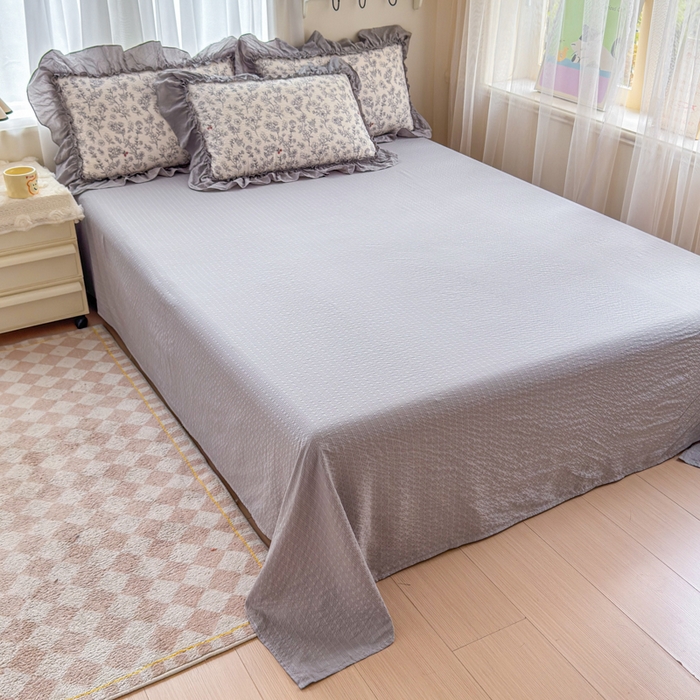 91家纺网 家纺一手货源 找家纺 仟网汇 2026新款法式花边泡芙纱双层纱床单床盖夏被夏凉被空调被四件套密拷花边款 灰调花园