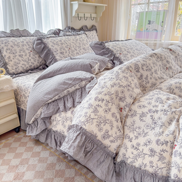 91家纺网 家纺一手货源 找家纺 仟网汇 2026新款法式花边泡芙纱双层纱床单床盖夏被夏凉被空调被四件套密拷花边款 灰调花园