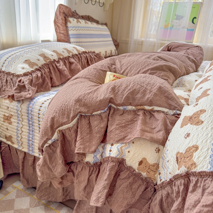 91家纺网 家纺一手货源 找家纺 仟网汇 2026新款法式花边泡芙纱双层纱床单床盖夏被夏凉被空调被四件套密拷花边款 焦糖小熊