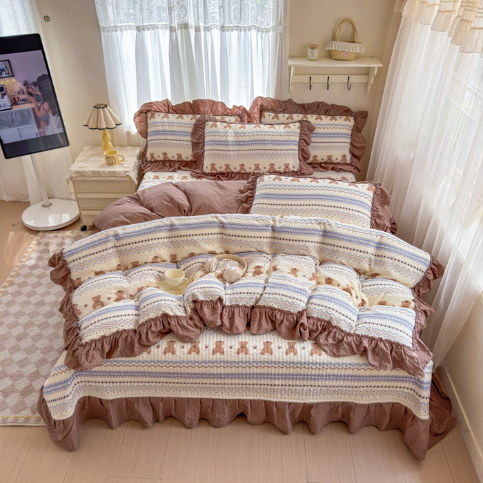 91家纺网 家纺一手货源 找家纺 仟网汇 2026新款法式花边泡芙纱双层纱床单床盖夏被夏凉被空调被四件套密拷花边款 焦糖小熊