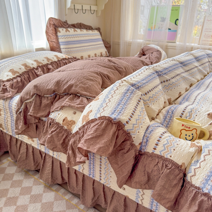 91家纺网 家纺一手货源 找家纺 仟网汇 2026新款法式花边泡芙纱双层纱床单床盖夏被夏凉被空调被四件套密拷花边款 焦糖小熊