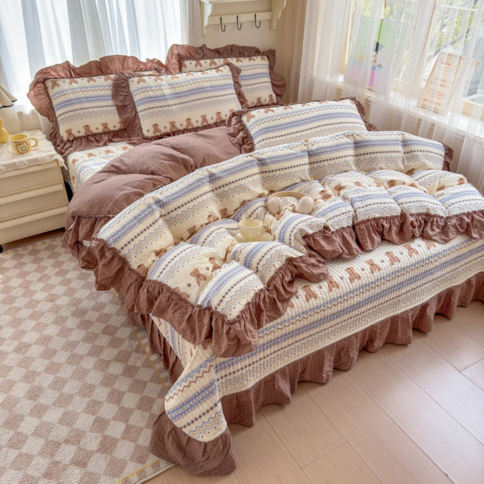 91家纺网 家纺一手货源 找家纺 仟网汇 2026新款法式花边泡芙纱双层纱床单床盖夏被夏凉被空调被四件套密拷花边款 焦糖小熊