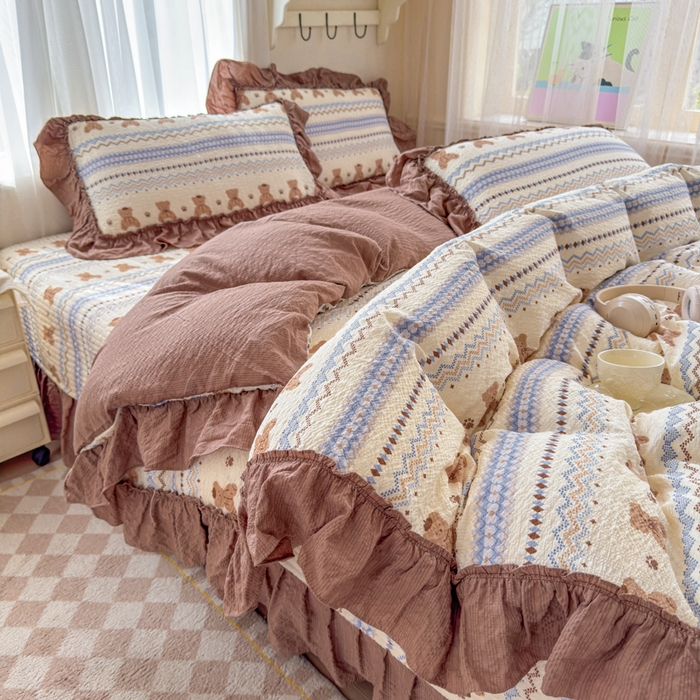 91家纺网 家纺一手货源 找家纺 仟网汇 2026新款法式花边泡芙纱双层纱床单床盖夏被夏凉被空调被四件套密拷花边款 焦糖小熊