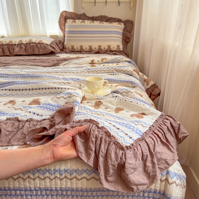 91家纺网 家纺一手货源 找家纺 仟网汇 2026新款法式花边泡芙纱双层纱床单床盖夏被夏凉被空调被四件套密拷花边款 焦糖小熊