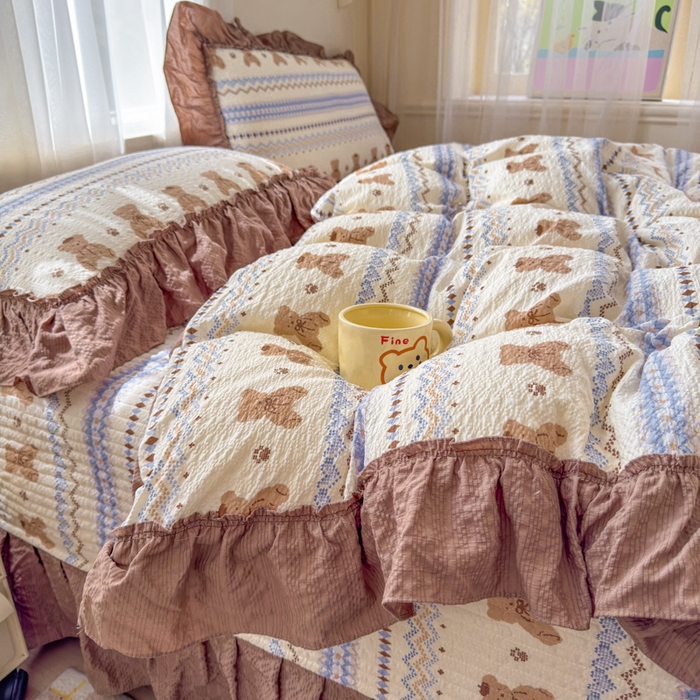 91家纺网 家纺一手货源 找家纺 仟网汇 2026新款法式花边泡芙纱双层纱床单床盖夏被夏凉被空调被四件套密拷花边款 焦糖小熊