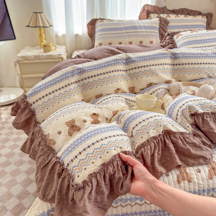 91家纺网 家纺一手货源 找家纺 仟网汇 2026新款法式花边泡芙纱双层纱床单床盖夏被夏凉被空调被四件套密拷花边款 焦糖小熊