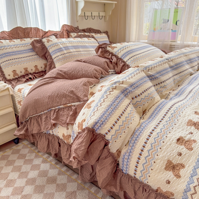 91家纺网 家纺一手货源 找家纺 仟网汇 2026新款法式花边泡芙纱双层纱床单床盖夏被夏凉被空调被四件套密拷花边款 焦糖小熊