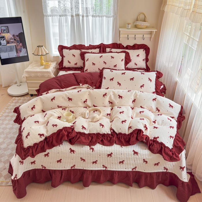 91家纺网 家纺一手货源 找家纺 仟网汇 2026新款法式花边泡芙纱双层纱床单床盖夏被夏凉被空调被四件套密拷花边款 马到成功