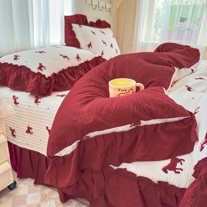 91家纺网 家纺一手货源 找家纺 仟网汇 2026新款法式花边泡芙纱双层纱床单床盖夏被夏凉被空调被四件套密拷花边款 马到成功